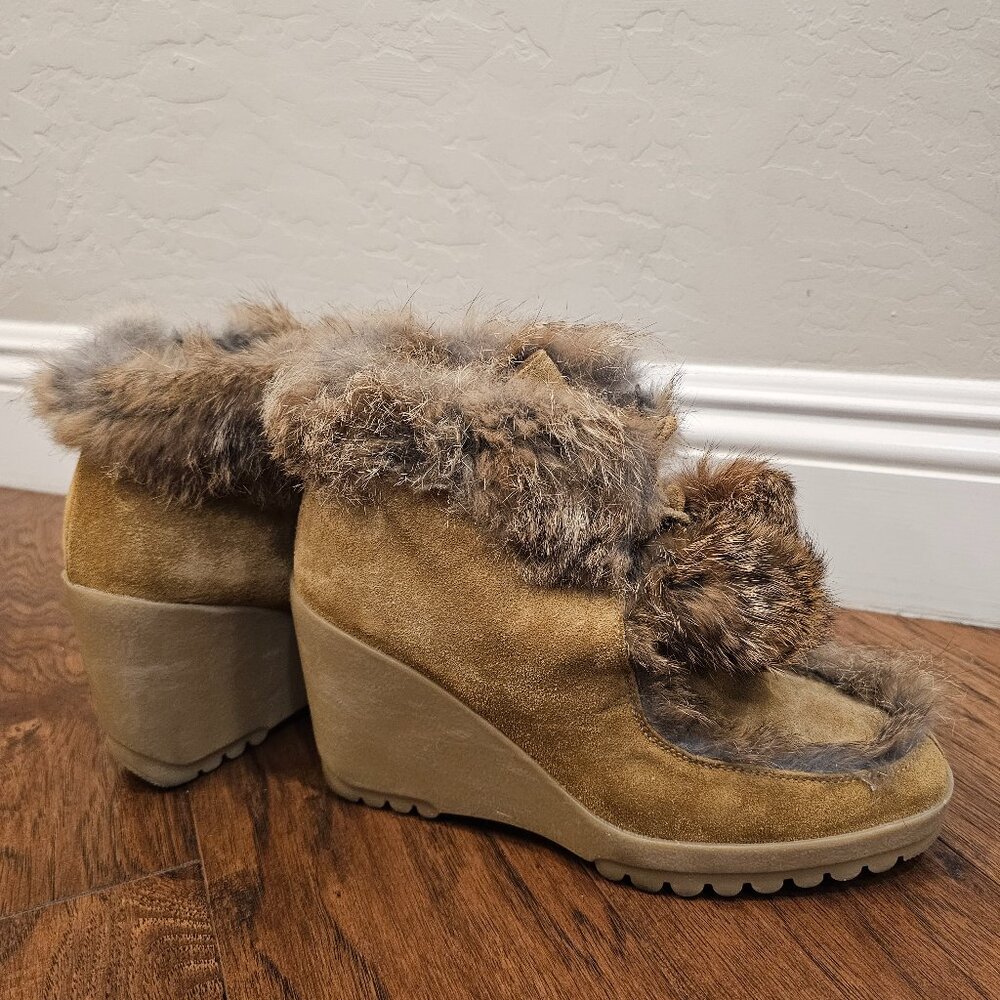 Coach Kataya camel suede rabbit fur wedge boots